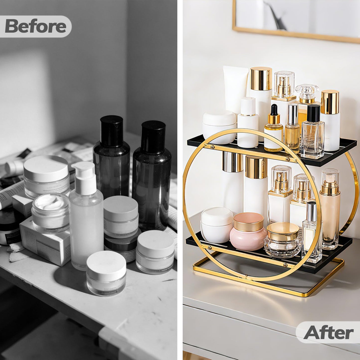 Nexyetnov BO2701 2 Tier Bathroom Organizer, Perfume Organizer for Dresser, Black Gold