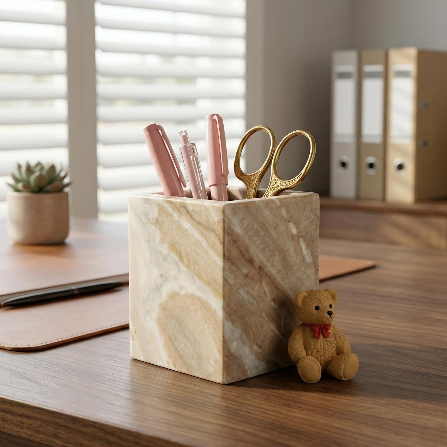 KEBTN Natural Marble Pen Holder, 2.95” x 3.74” Square Desk Organizer, Marble Toothbrush Holder, Makeup Brush Holder, Decorative Storage Cup for Office Vanity Bathroom Kitchen Countertop, Brown