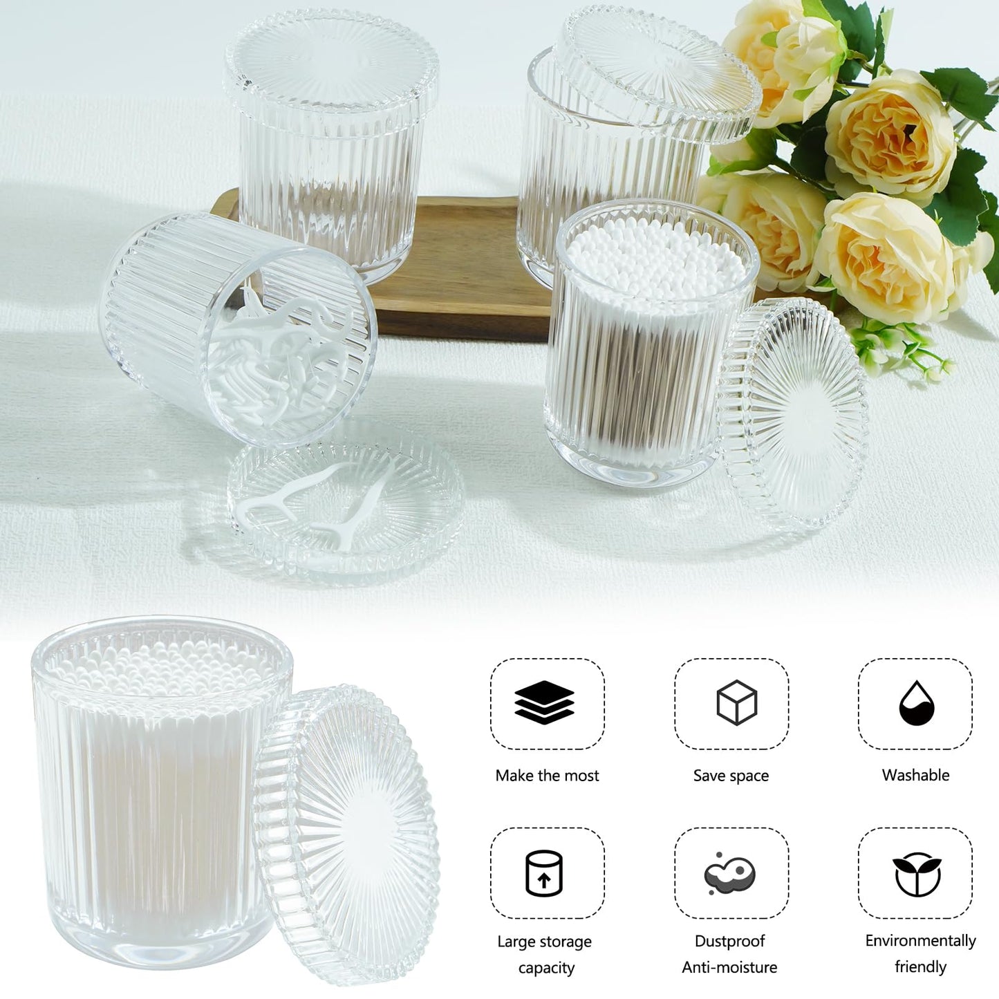 Jollyhilan 2 Pack Glass Container Qtip Holder with Lid, Mouthwash Cup,Cosmetic Storage for Bathroom,Glass Jars for Cotton Swabs,Makeup Pads,Dental Flossers,Jewelry Trays,Glass holders,Clear