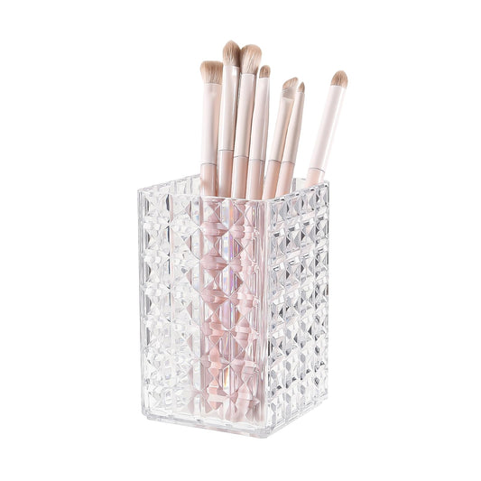 DASITON Makeup Brush Holder Organizer, Acrylic Makeup Brush Cup, Diamond Striped Make Up Brush Holder for Vanity, Bathroom Countertop, Toothbrush Holders, Pen Holder for Desk Storage (Clear)