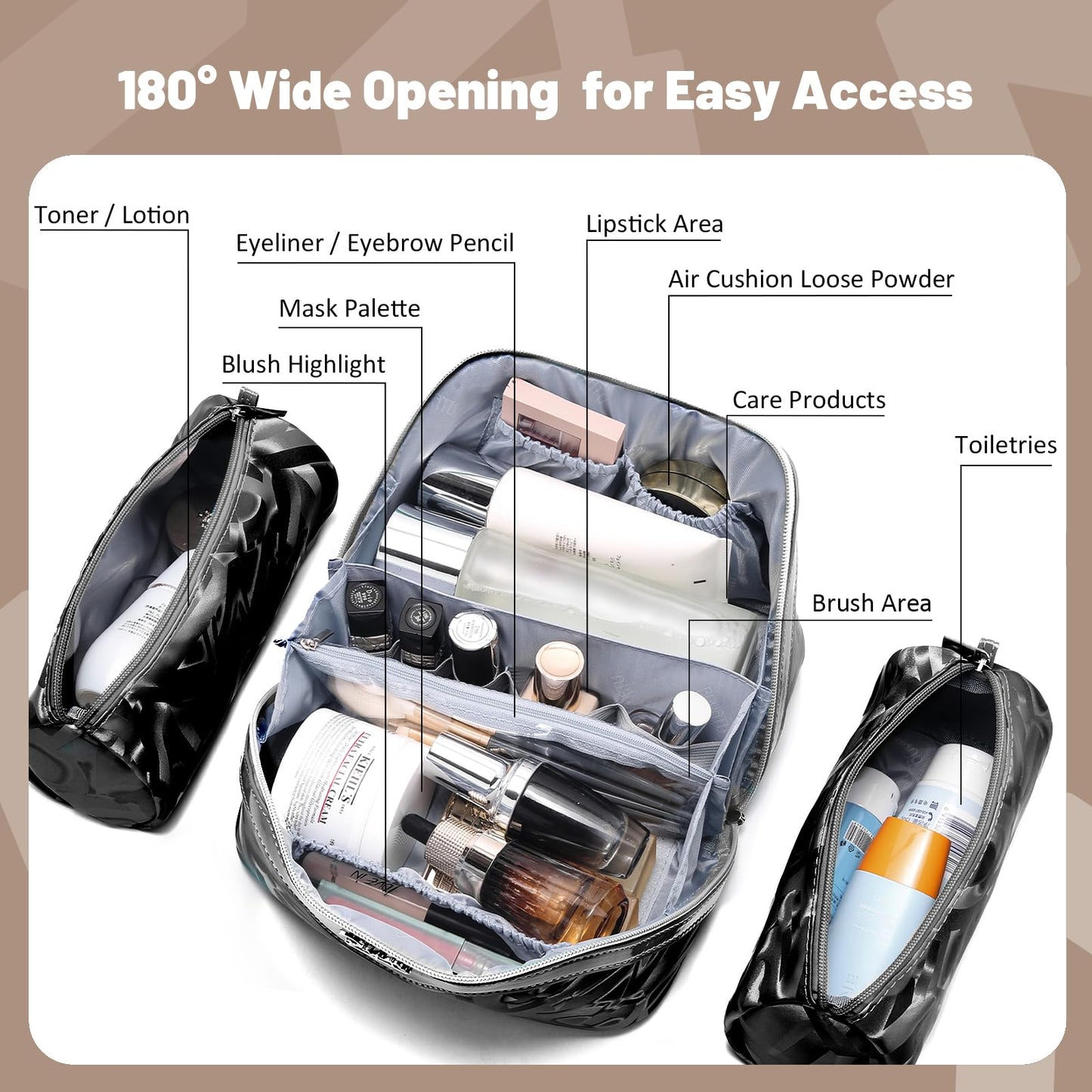BOYATU Travel Makeup Bag for Women: Y2K Aesthetic Personalized Glossy 3 Pcs Set Cosmetic Organizer Bag - Trendy Statement Toiletry Pouches for Forward Women - Stand Out at Festivals & Trips(D-2-Black)