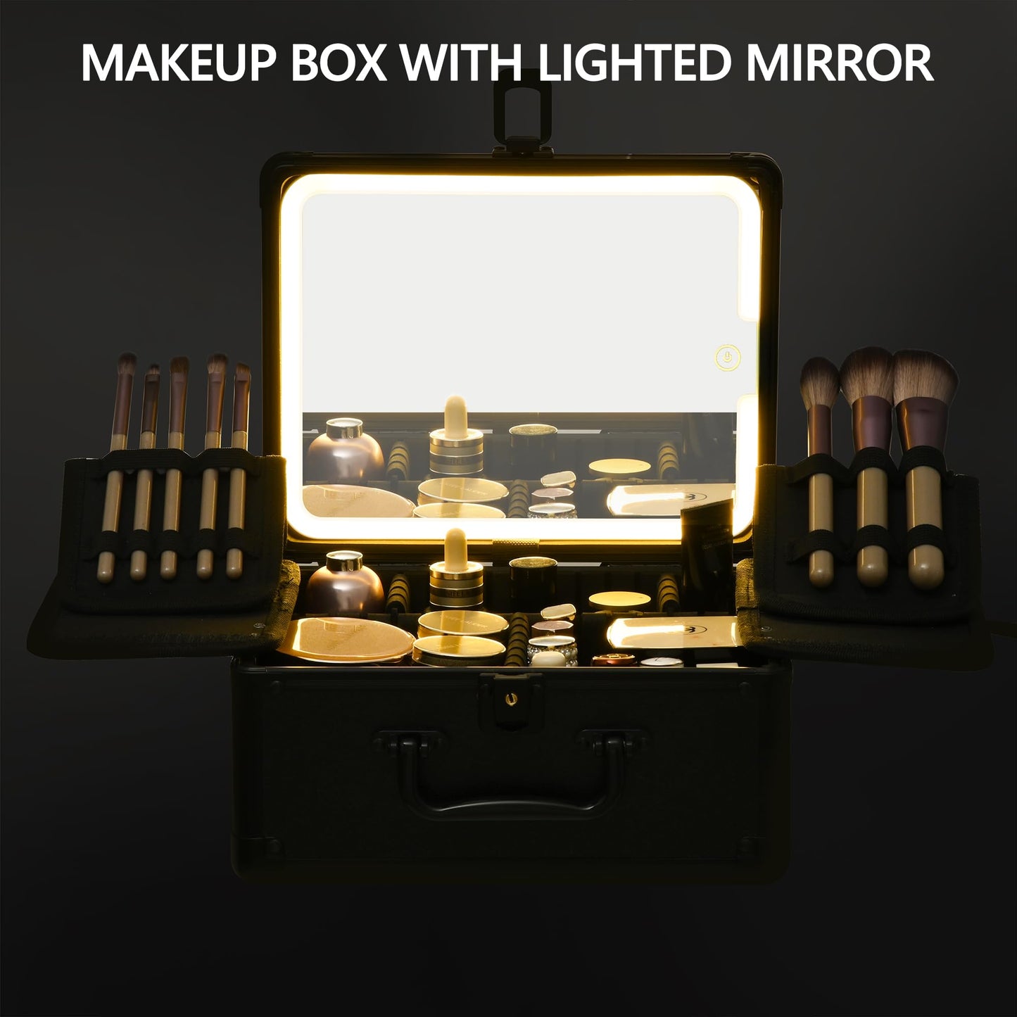 GALHUBIS Makeup Case with Lighted Mirror, Makeup Box Organizer with Detachable LED Mirror, Travel Makeup Train Case, Waterproof Cosmetic Organizer, Standing Makeup Brush Holder, Gift, Black