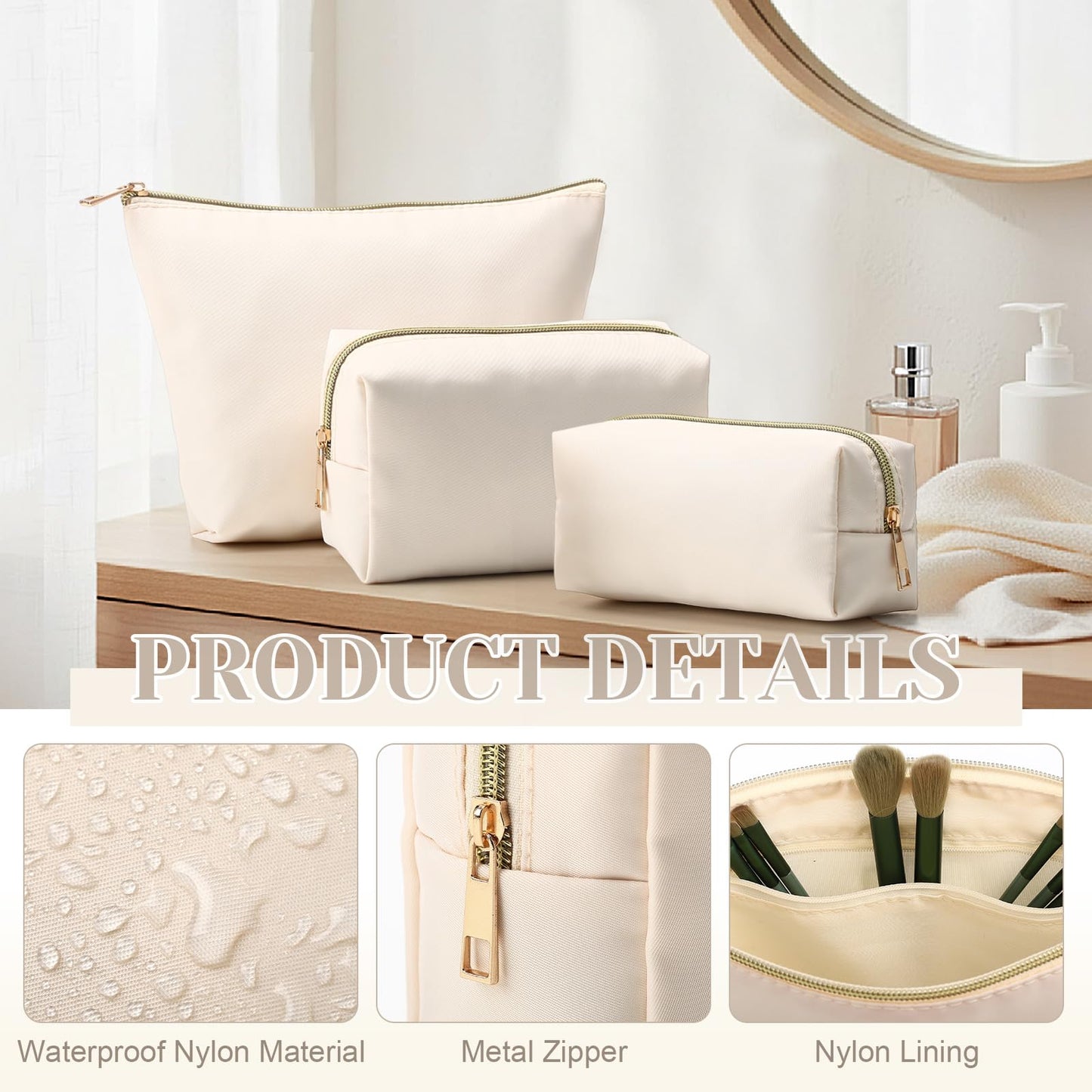 Kigeli 3 Pcs Nylon Makeup Bag Set for Women Aesthetic Cosmetic Bag with Interior Pocketes Preppy Cute Purse Pouch Makeup Brushes Storage Organizer for Travel(Beige)
