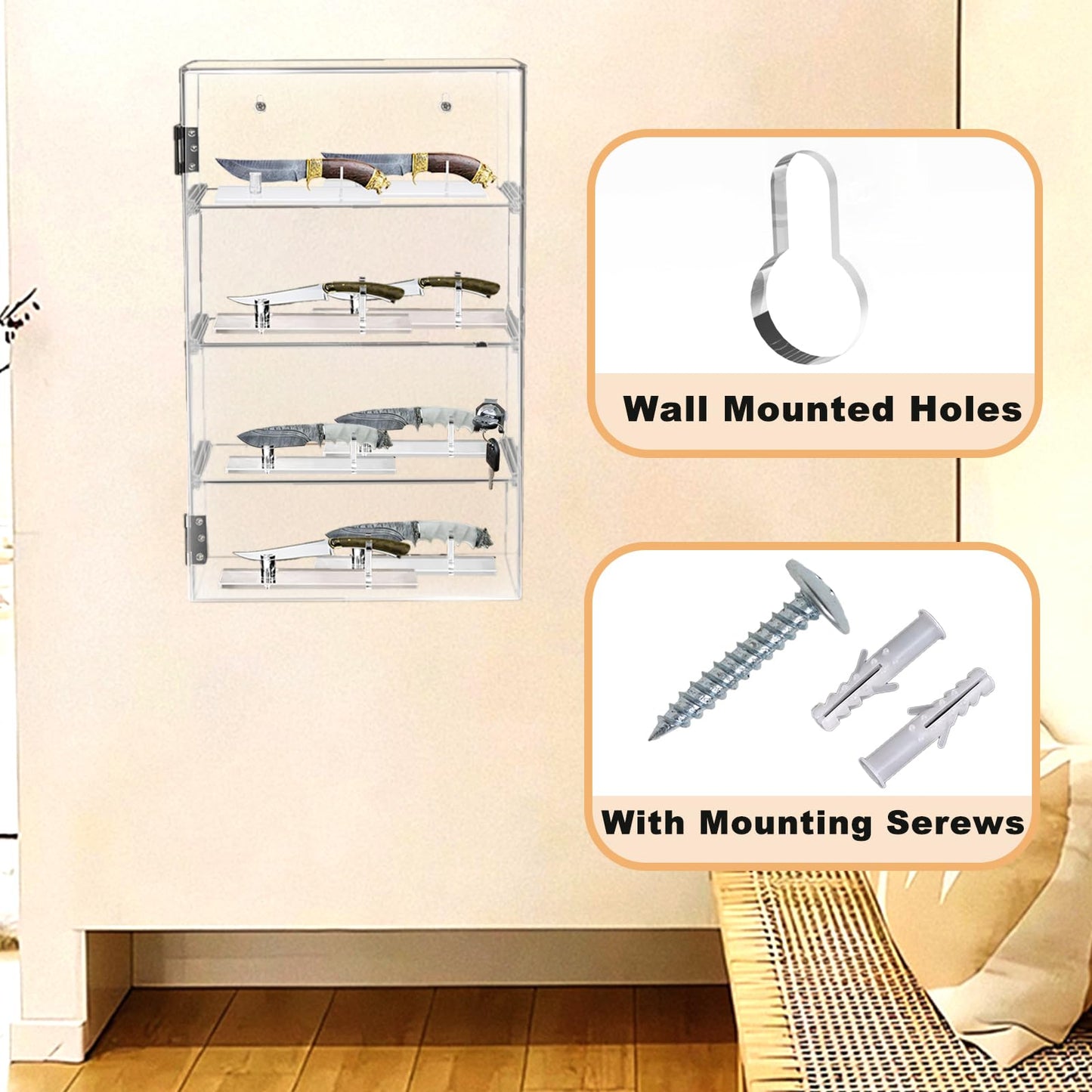 Acrylic Display Case with Lock Key 4 Tier Clear Display Case Locking Cabinet for Collectibles Figure Knife Rock Perfume Countertop Retail Showcase Display Box Wall Mount with Shelves 11.8x5.9x15.7 in