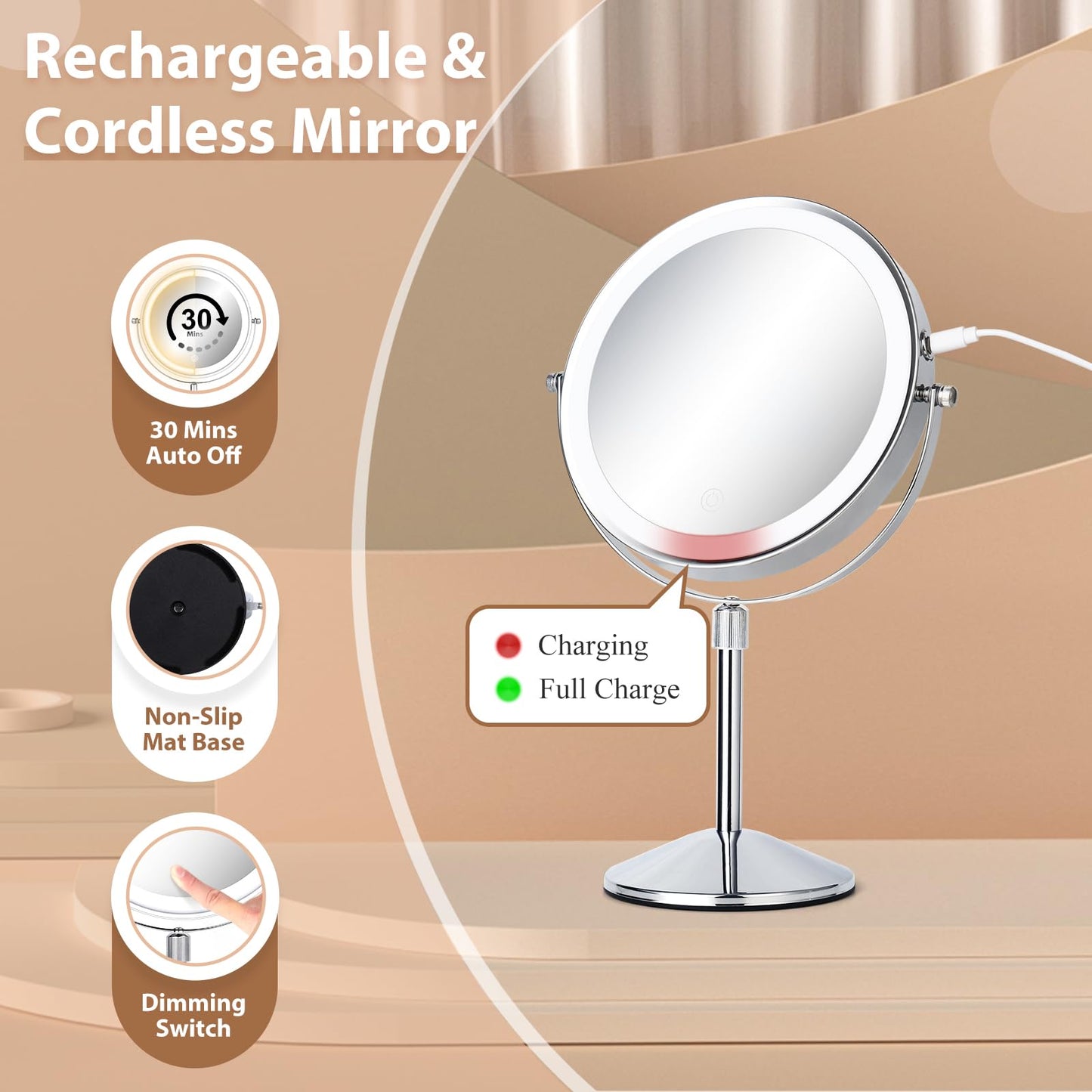 FFowcye 8" Lighted Makeup Mirror with Adjustable Height, 1X/10X Magnification, Rechargeable LED Vanity Mirror with 3 Color Modes, 360° Rotating Touch Screen, Magnifying Tabletop Cosmetic Mirror