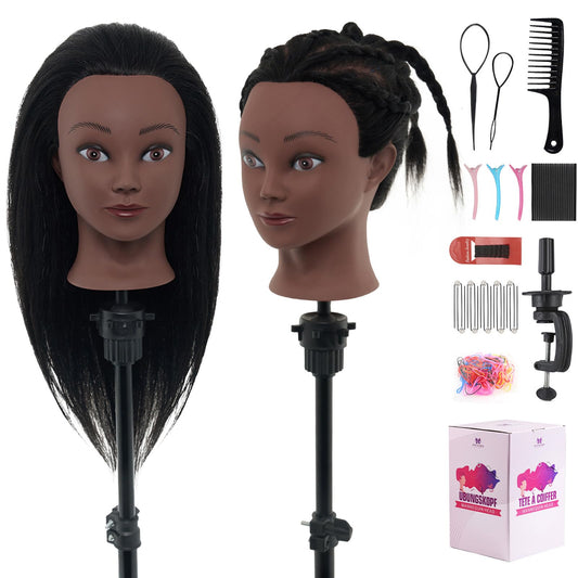 100% Mannequin Head Human Hair,18" Real Hair Mannequin Head,Cosmetology Manikin Doll Head for Hair Styling,Practice Dying, Braiding Curling Training Head with Table Clamp,Black