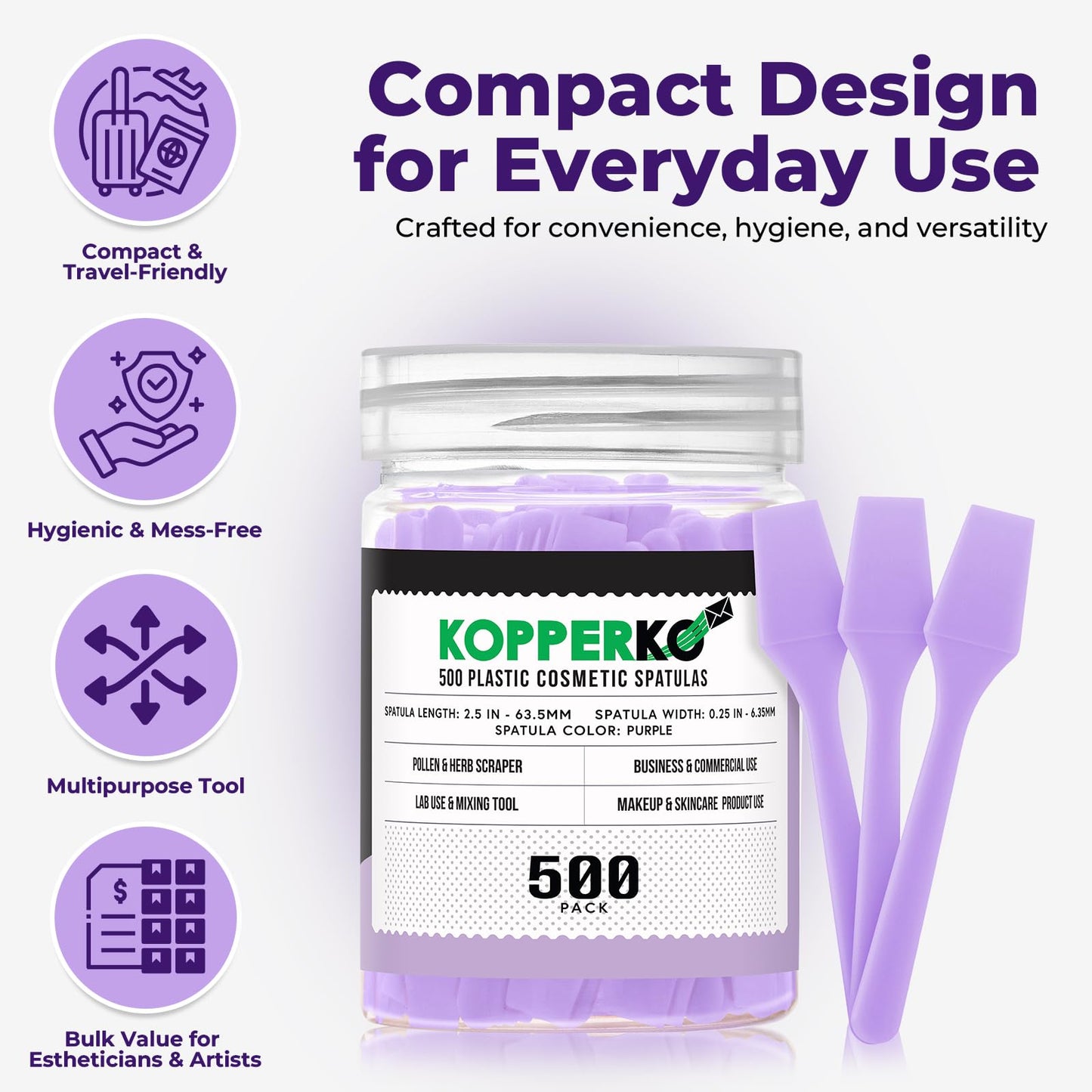 Kopperko Mini Beauty Spatula (2.5", 500 Pack) - Small Beauty Spatulas for Creams, Cosmetics & Crafts | Moisturizer Applicator for Mixing, Cosmetic, Face Mask | Disposable Makeup Spoon | Purple