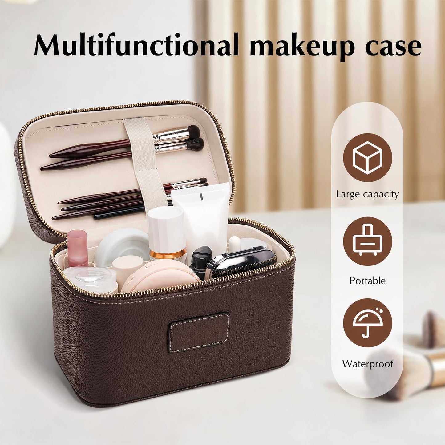 idoltimes Makeup Case for Women, Leather Makeup Bag Cosmetic Case with Removable Divider, Large Capacity Waterproof Portable Travel Toiletry Make up Organizer Case