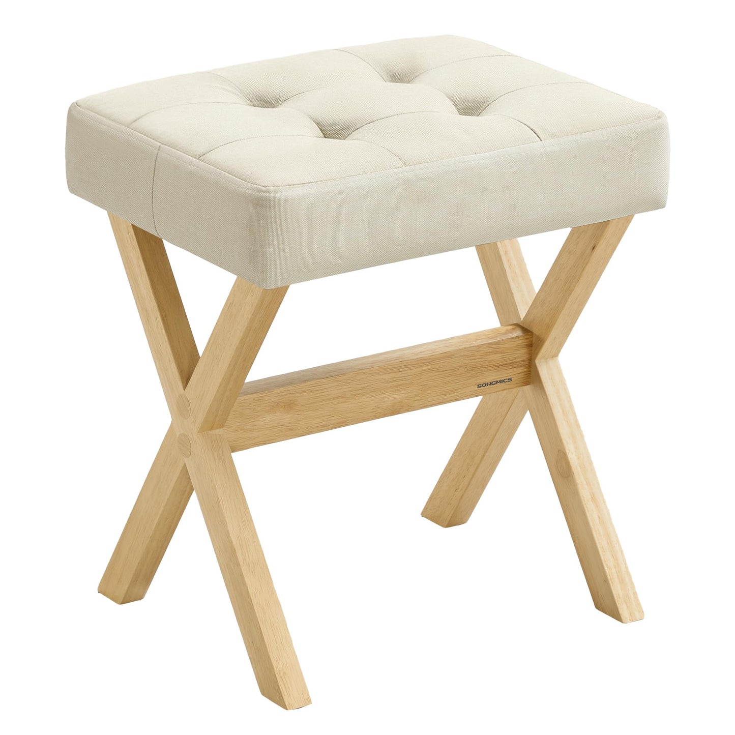 SONGMICS Makeup Stool, Padded Vanity Stool, Foot Rest, Solid Wood X Legs, for Bedroom, Closet, Entryway, 12.6 x 16.5 x 18.1 Inches, Summer Sand and Natural Beige ULSF006LF02