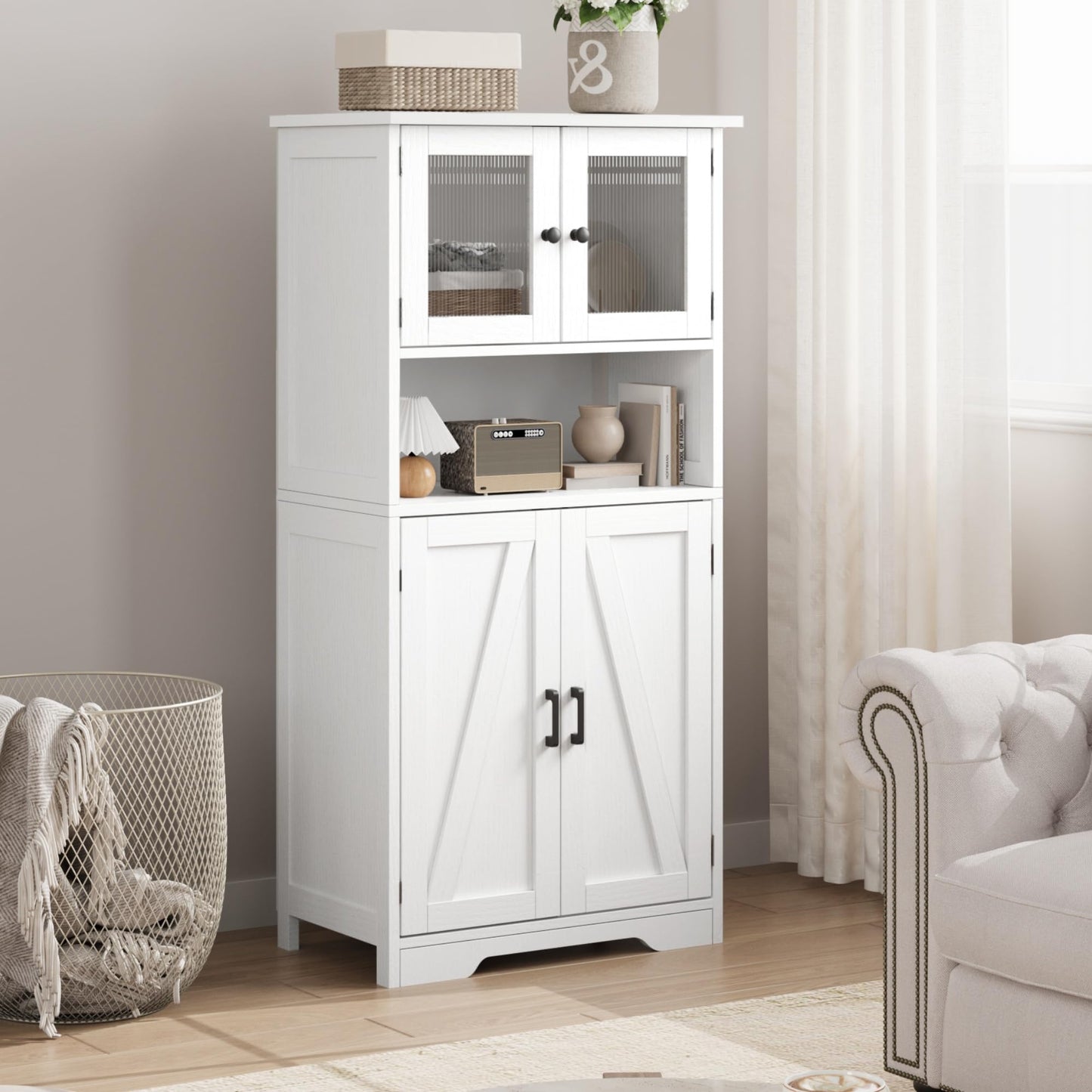 IDEALHOUSE 50" Tall Bathroom Cabinet, Freestanding Bathroom Storage Cabinet with 4 Doors and Adjustable Shelves, Cupboard Modern Storage Cabinet for Kitchen, Pantry, Living Room, White