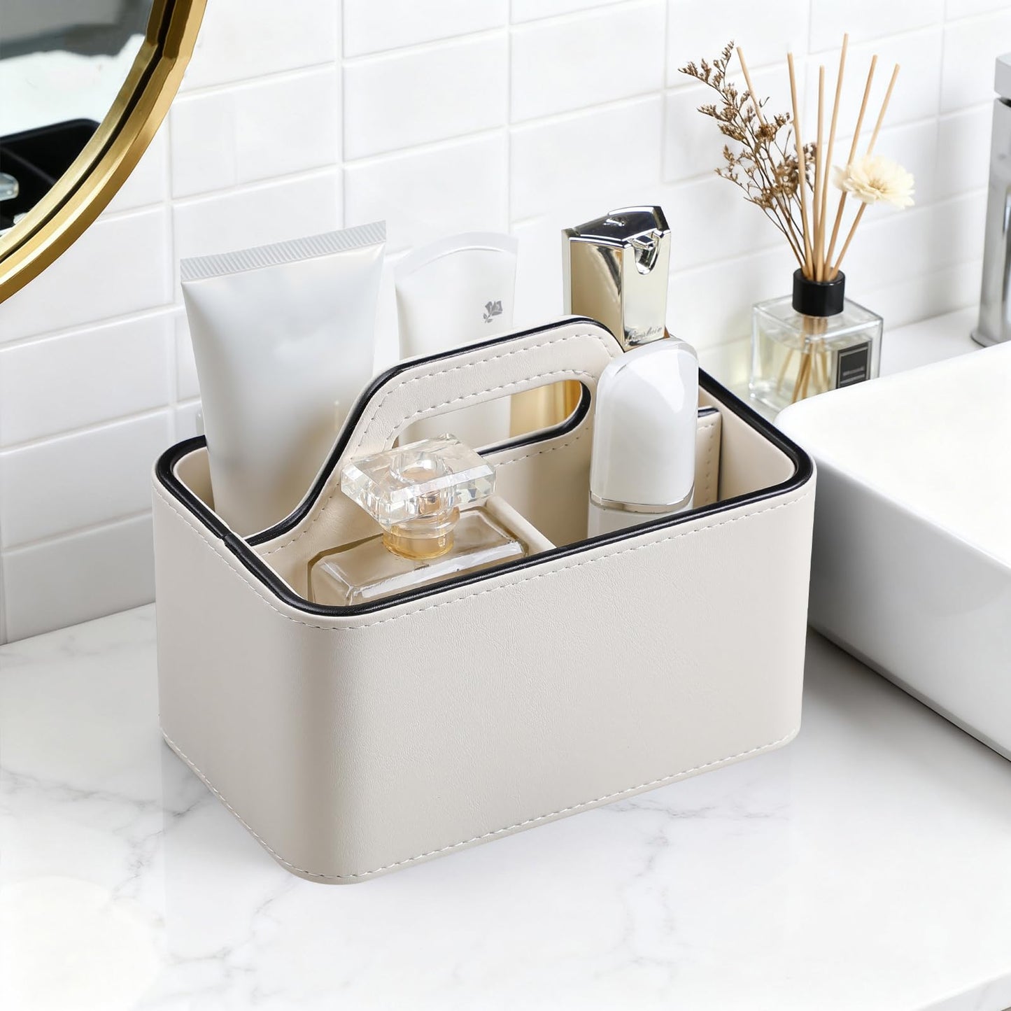 NICLNGSH Caddy Organizer with Handle, PU Leather Remote Control Holder Desk Caddy, Portable Makeup Remote Organizer for Table, Nightstand, Office (Cream)