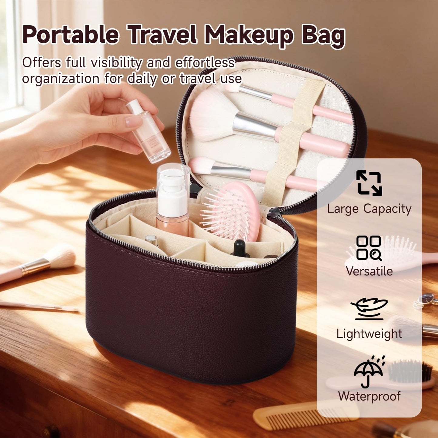 Makeup Vanity Bag for Women - Large Capacity Cosmetic Organizer with Removable Liner, Waterproof PU Leather Skincare Bag, Portable Chic Cosmetic Make Up Case for Skincare, Accessories, Burgundy