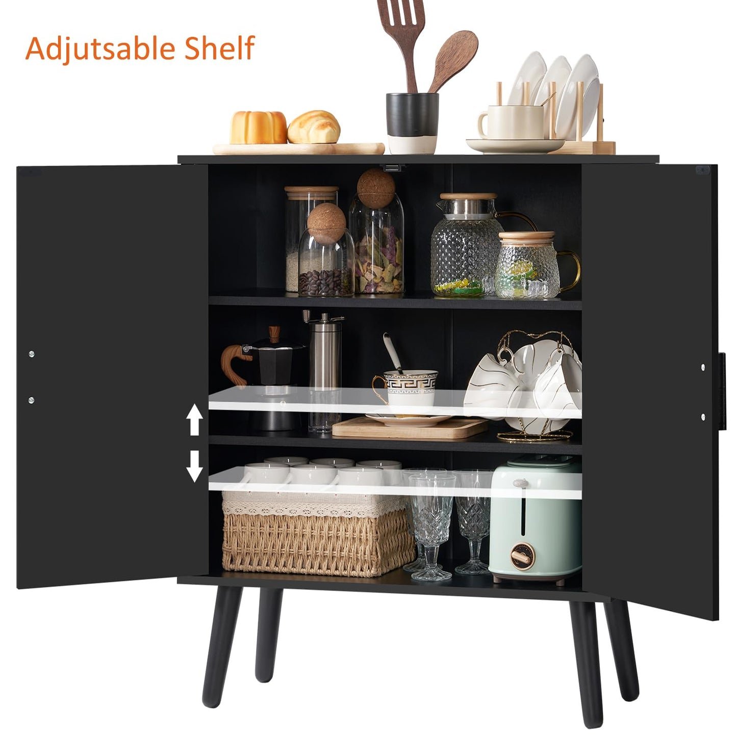 Iwell Storage Cabinet with 2 Shelves & Doors, Sideboard Buffet Cabinet with Storage, Entryway Cabinets, Accent Cabinets for Living Room, Dining Room, Entryway, Black