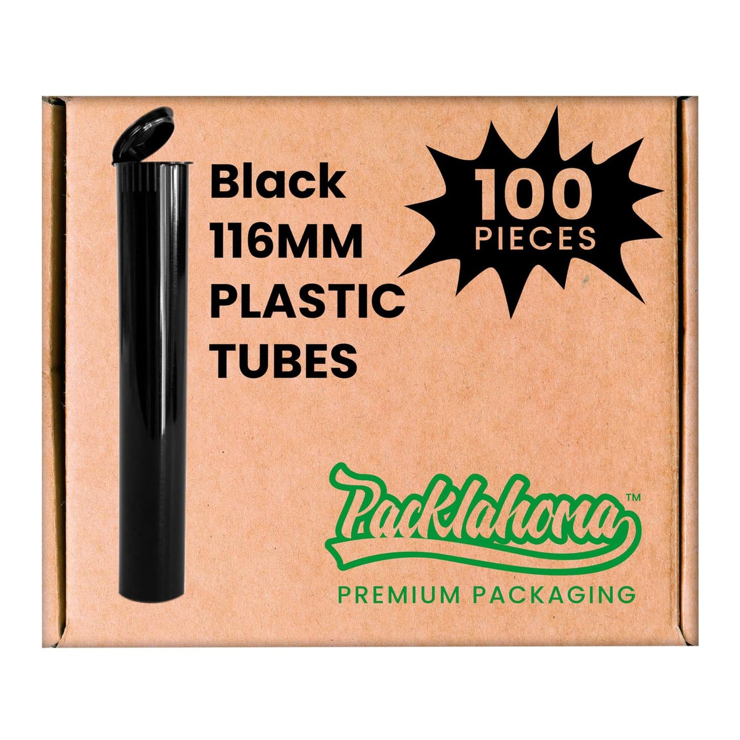 Packlahoma 100 Pack 116mm Tubes Black King Size - Plastic Pop Top Tubes with Squeeze Cap - Airtight, Waterpoof and Child Proof Container (100 Count) (Black 116mm 100Pack)