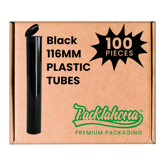 Packlahoma 100 Pack 116mm Tubes Black King Size - Plastic Pop Top Tubes with Squeeze Cap - Airtight, Waterpoof and Child Proof Container (100 Count) (Black 116mm 100Pack)