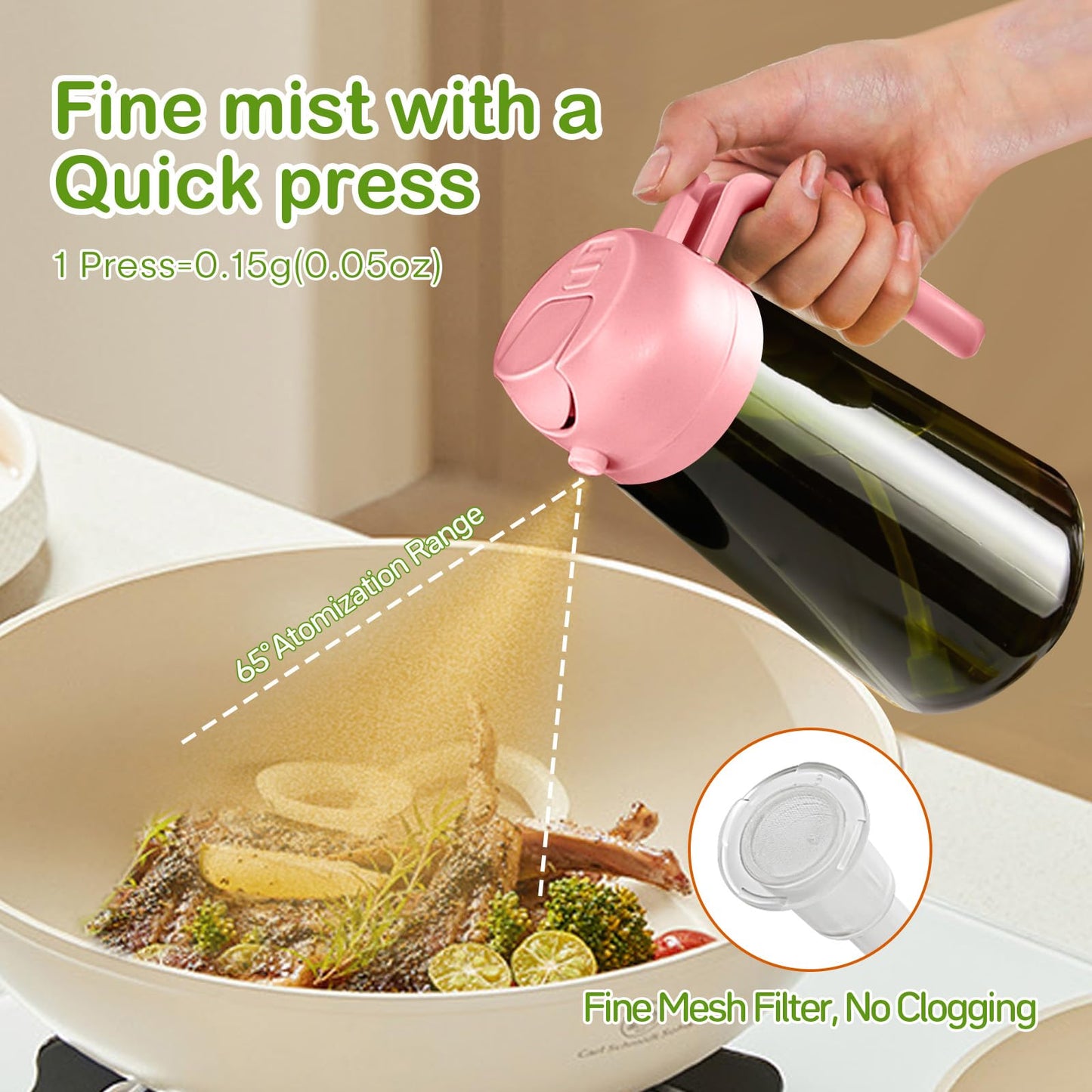 YARRAMATE 2Pcs 16oz/470ml Dark Green Oil Sprayer for Cooking with Stickers, Food-grade Premium 2 in 1 Olive Oil Dispenser Bottle for Kitchen Gadgets, Air Fryer, Salad, Frying, BBQ (Pink&Black)