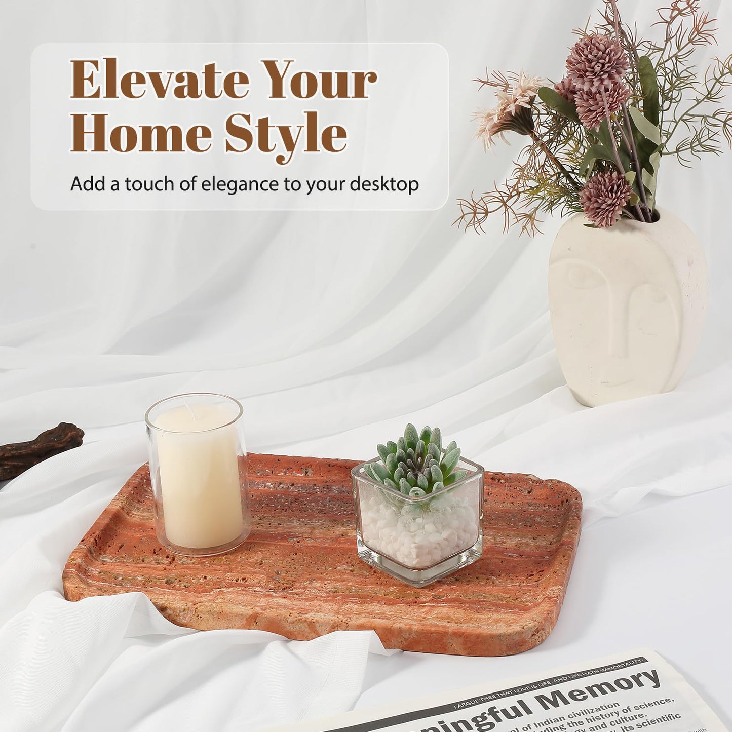 Koville Red Travertine Tray, 12"x8" Natural Stone Vanity Tray for Countertop Bathroom Kitchen Dresser, Decorative Marble Catchall Trays for Perfume Jewelry, Rectangular Serving Tray