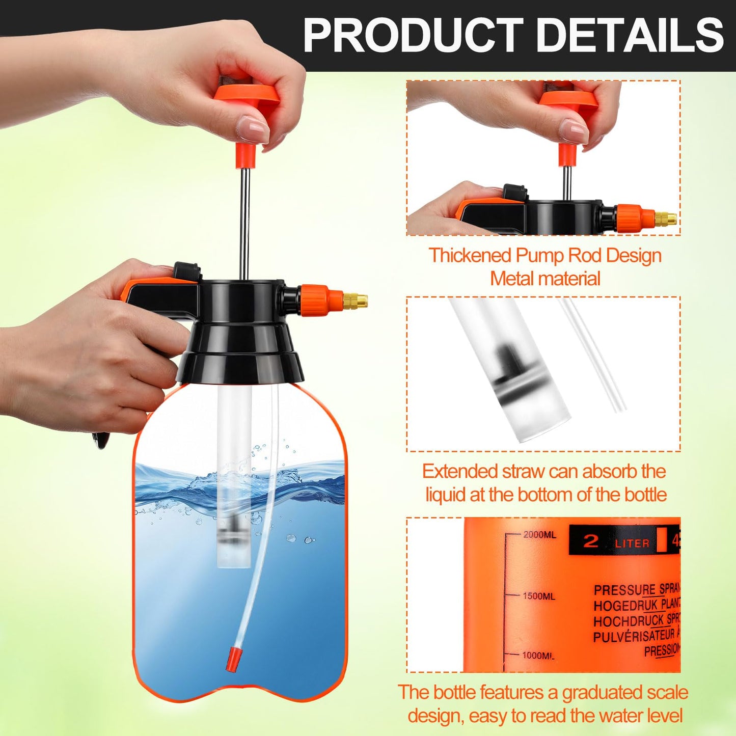 Acellegic 2 Set Handheld Pump Sprayer 2l Garden Pump Sprayers Adjustable Water Spray Bottles with Steel Nozzle Extended Rod for Plant Mist Watering Spraying Fertilizing Cleaning