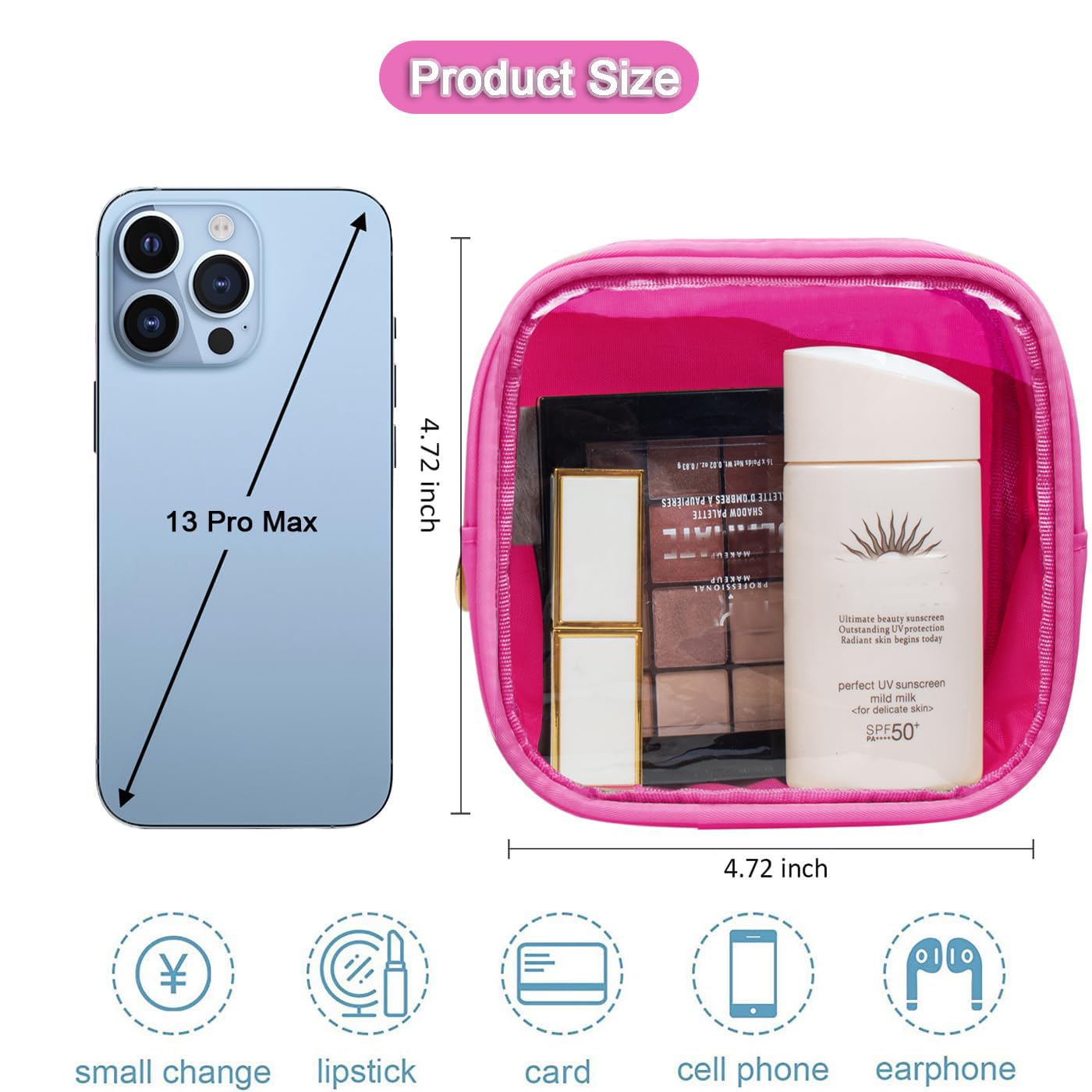 FFaw Small Clear Makeup Bag, Nylon Mini Cosmetic Bag Small Makeup Pouch for Purse TSA Approved Travel Toiletry Bags with Zipper Cute Makeup Case Organizer Car Bag for Women Girls (Rose Mini)
