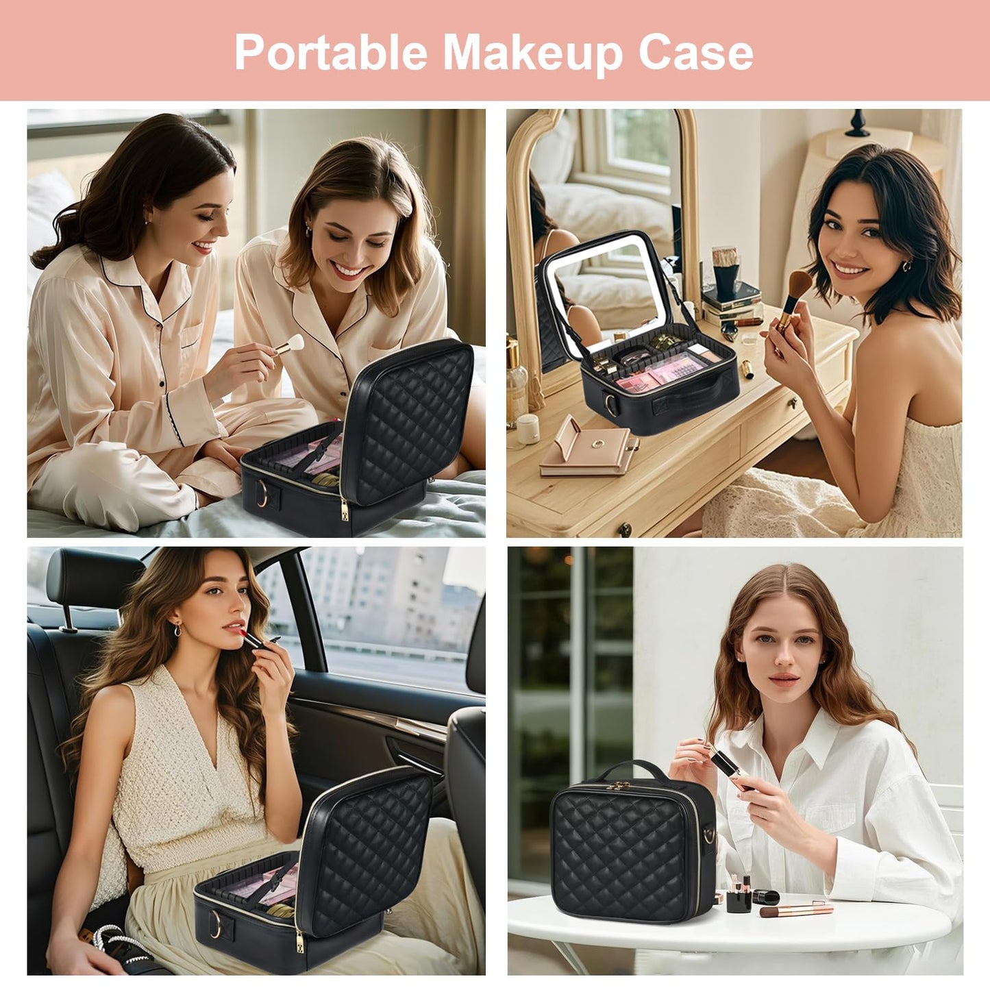 BEAUTY CASE Makeup Bag with Led Mirror, 10 Inch Portable Travel Cosmetic Organizer Case with Adjustable Dividers, USB Charging, Large Capacity, Ideal for Travel, Gift for Women Girls, Black
