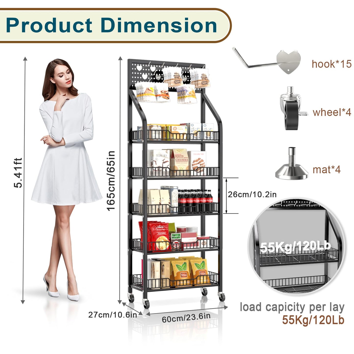 QJSZMEI 5 Tier Snack Rack Display Stand, Metal Retail Display Rack with Wheels and 15 Hooks, Snack Cart Organizer for Supermarkets Convenience Stores Home Kitchens