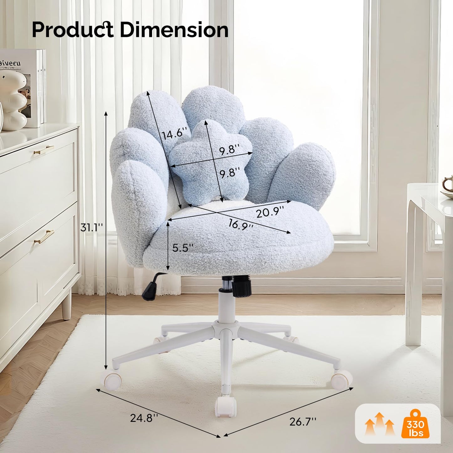 VINGLI Lovely Petal Vanity Desk Chair with Star Pillow, Height Adjustable Armless Swivel Chair in Vibrant Color-Blocking, Modern Computer Task Chair for Bedroom & Home Office, Teddy Fleece,Blue