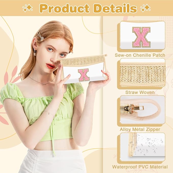 Small Boho Straw Initial Letter Makeup Bag Personalized Gift ,Cute Clear Chenille Patch Makeup Bag With Zipper,Trendy TSA Approved Travel Toiletry Bag,Gift for Women Girls Birthday Friend, Letter X