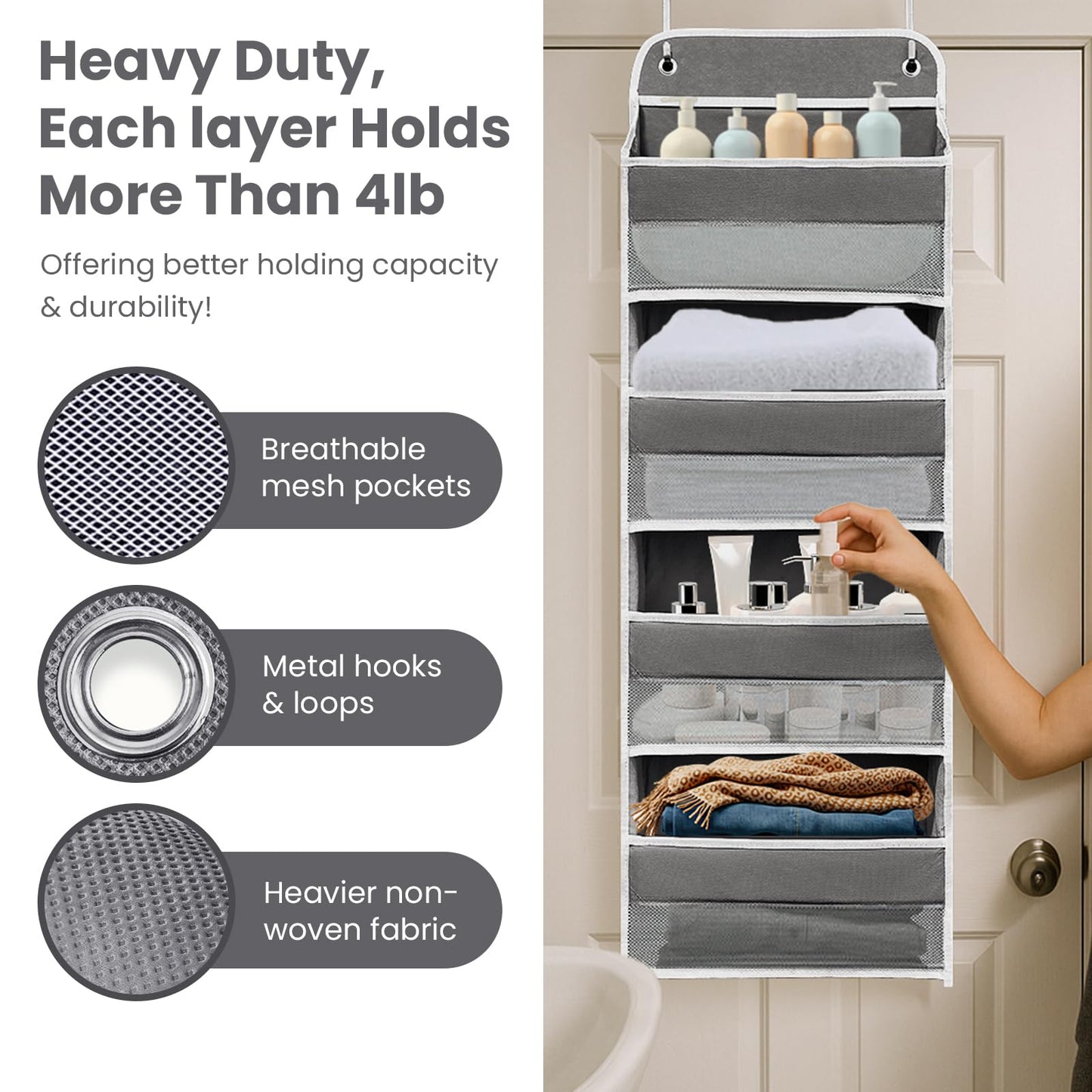 Over The Door Organizer with LifetimeWarranty, 4 Shelves & 4 Side Pockets, Large Storage Rack Holds 44lb, Heavy-Duty Reinforced Mesh Shelf for Bathroom, Closet, Toy Organization, Shoes, Towels, Grey