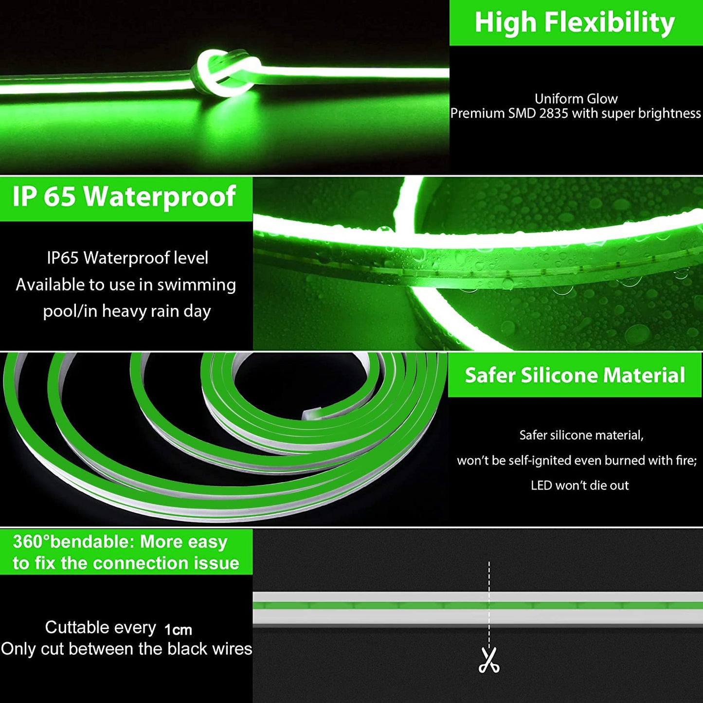 Lamomo LED Neon Lights, 16.4ft Green LED Strip Light, 12V 0.39In/Cut Silicone Waterproof Neon Rope Light, DIY Neon Sign for Bedroom Indoor Outdoor Decoration（Power Adapter not Included）