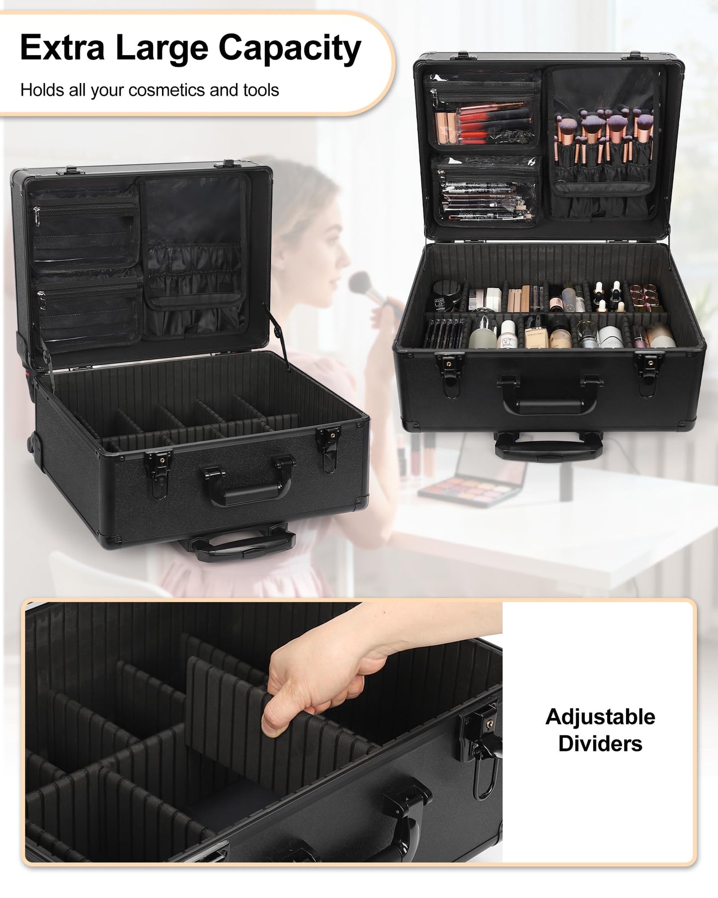 Relavel Rolling Makeup Case Cosmetology Case on Wheels Professional Extra Large Travel Train Case for Makeup Artists, Trolley Suitcase for Cosmetic Nair Art Salon Storage Organizer with 6 Clear Bags