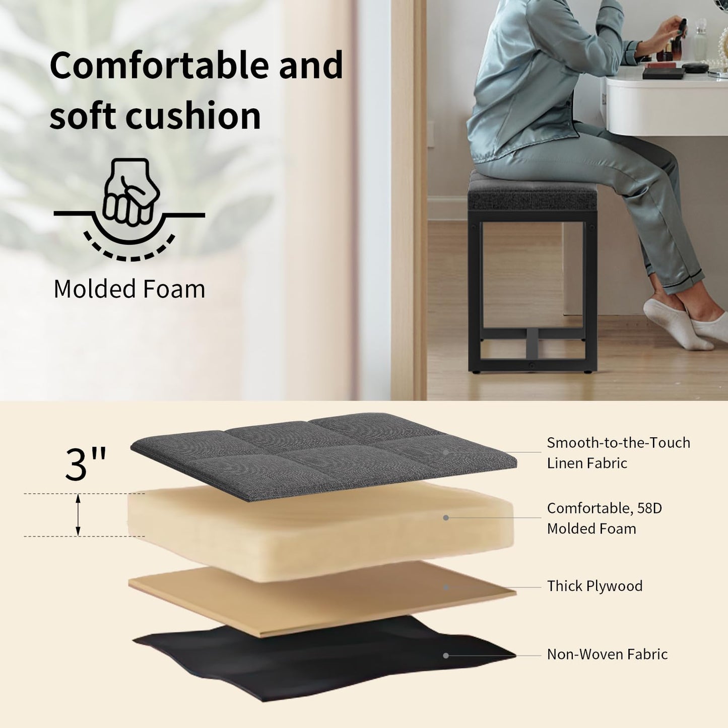 FLYZC Vanity Stool, Vanity Chair Stools for Makeup Room, Square Linen Makeup Stool for Vanity, Modern Padded Vanity Bench Small Ottoman Foot Rest Stool for Bedroom Living Room, Dark Grey & Black