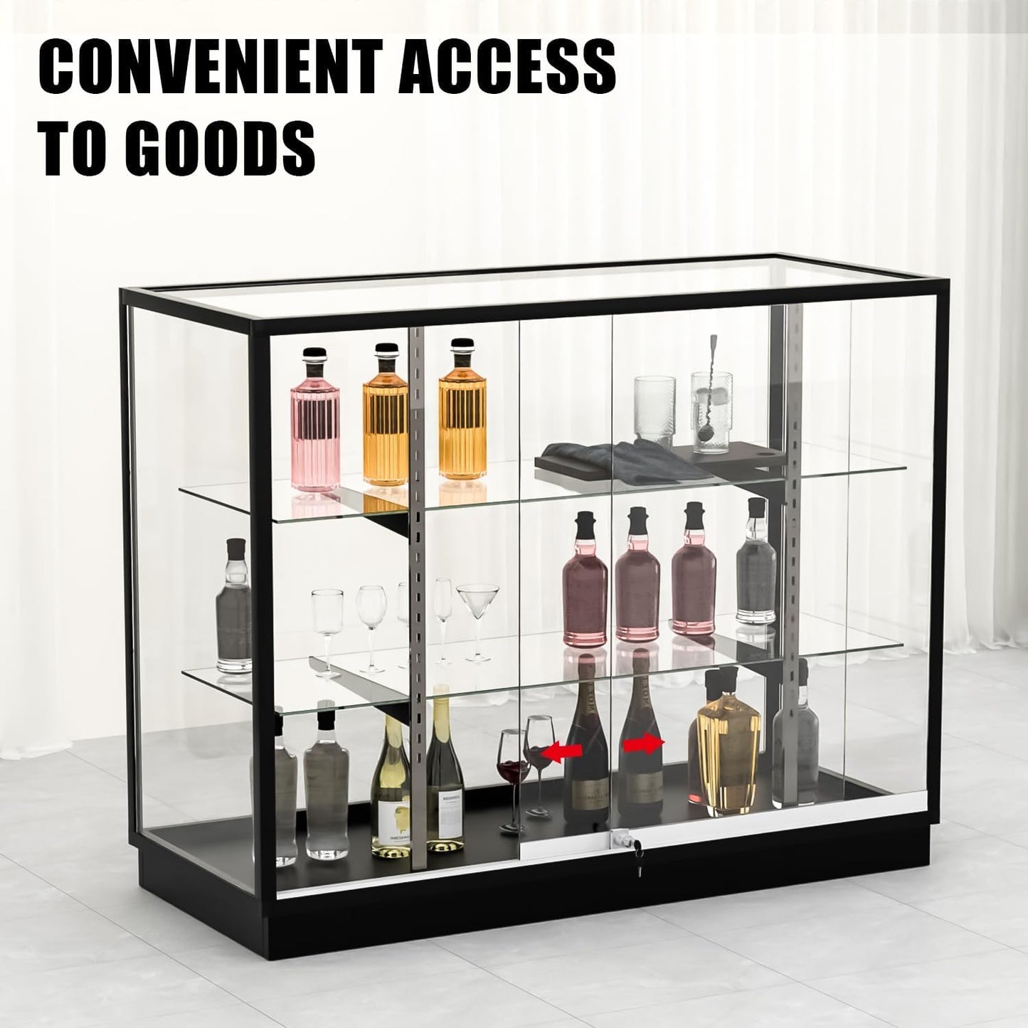 Retail Full Vision Showcasewith Aluminum Frame & Glass Adjustable Shelves, LED Lighting, Locking Design (Silvery, 4 ft)