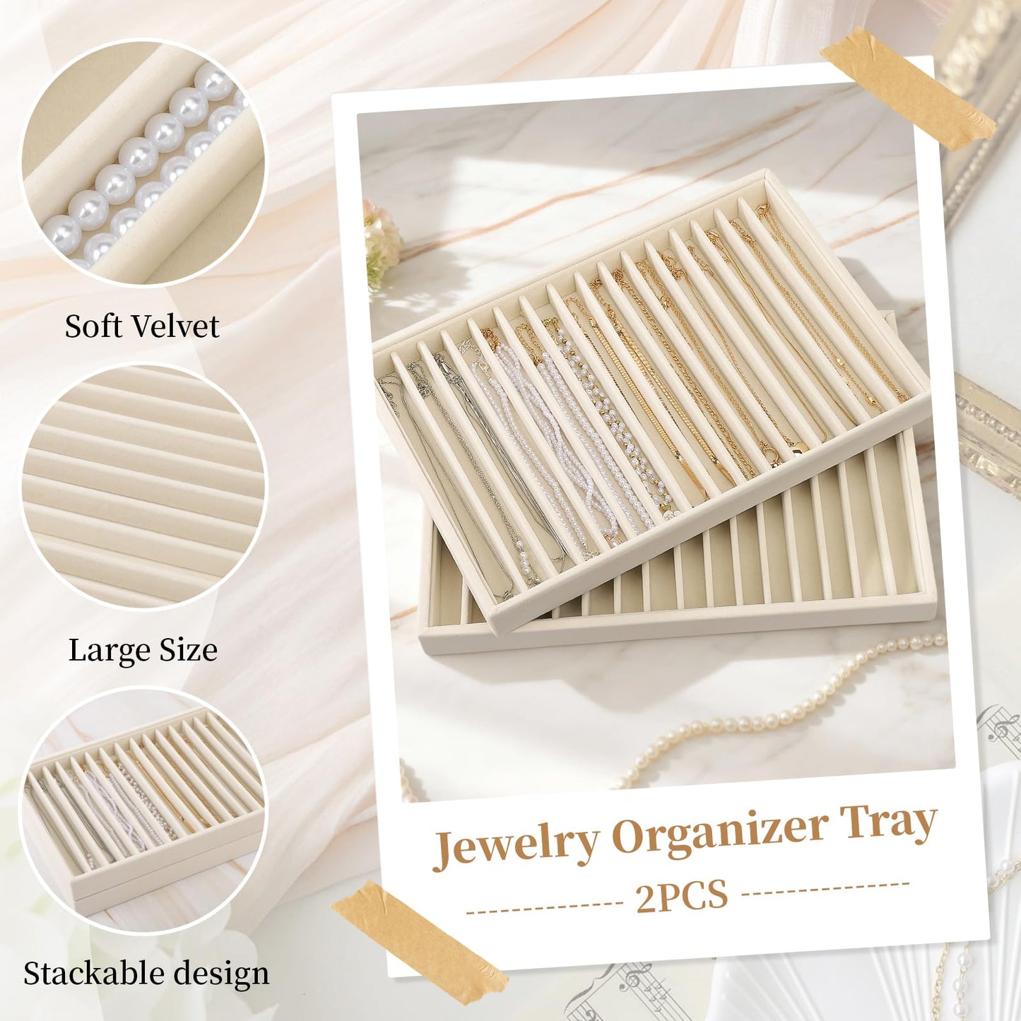 Ewen 2 Pack 16-Grid Stackable Jewelry Organizers and Storage Trays, Large Jewelry Organizer Drawers Inserts, 13.78x9.45x1.18in Beige Velvet Necklace Holder Display Case for Earrings Rings Organization