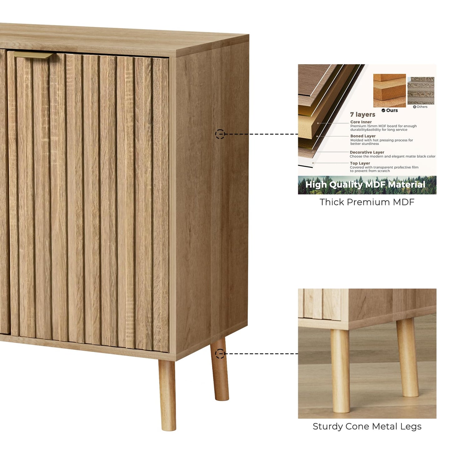 Vrullu Fluted Storage Cabinet, Free Standing Buffet, Wood Sideboard, Multifunctional Accent Storage for Living Room, Hallway, Entryway, Dining Room (1, Oak)