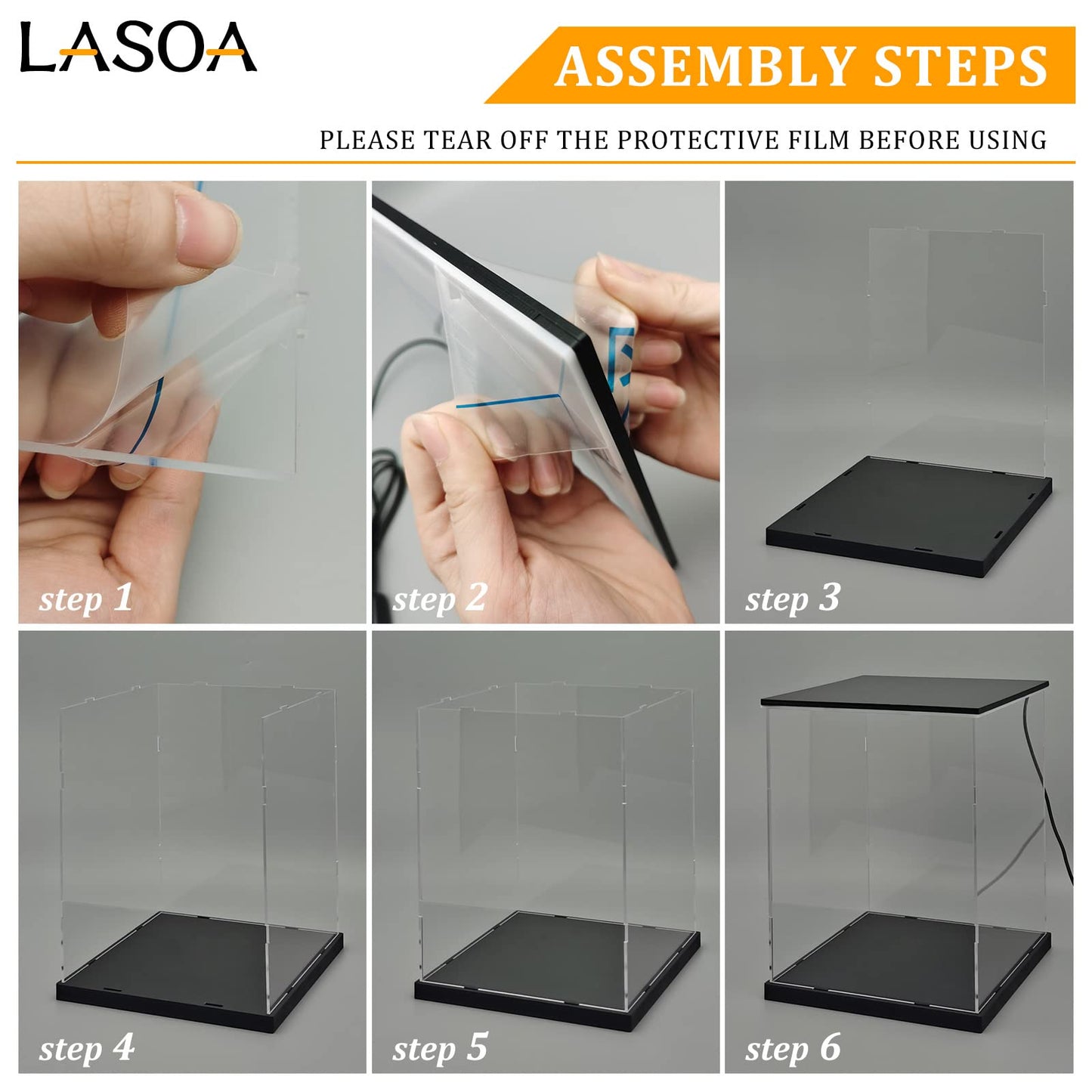 LASOA Acrylic Display Case for Collectibles with LED Light, Alternative Glass Display Box with Black Base and Lid, Self-Assembly Clear Storage Showcase for Memorabilia (9.8x9.8x11.8inch;25x25x30cm)