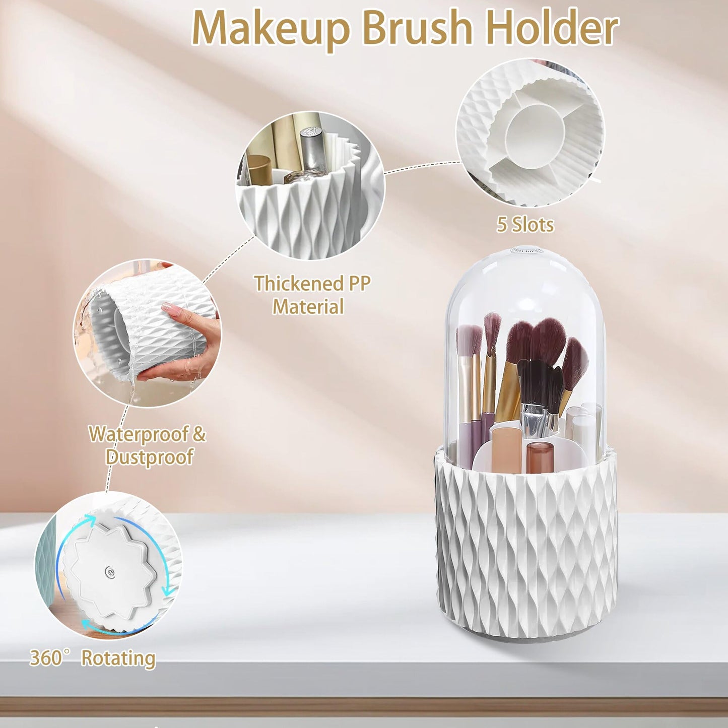 VORA Makeup Brush Holder, 360° Rotating Makeup Brush Organizer with 5 Slots, Clear Dustproof Makeup Brush Holder with Lid, Make Up Organizers for Vanity Bathroom Countertop