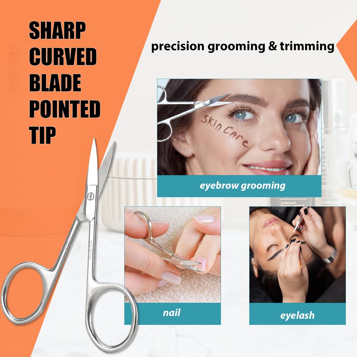 Facial Hair Small Grooming Scissors For Men Women - Eyebrow, Nose Hair, Mustache, Beard, Eyelashes, Ear Trimming Kit - Curved and Rounded Safety Tip Clippers For Hair Cutting - 2PCS Silver