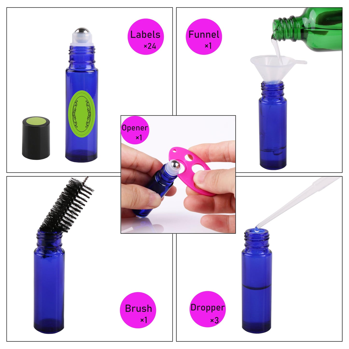 inice 24 Pack,10ml Roller Bottles for Essential Oils Cobalt Blue Glass Stainless Steel Roll On Ball Bottles for Travel
