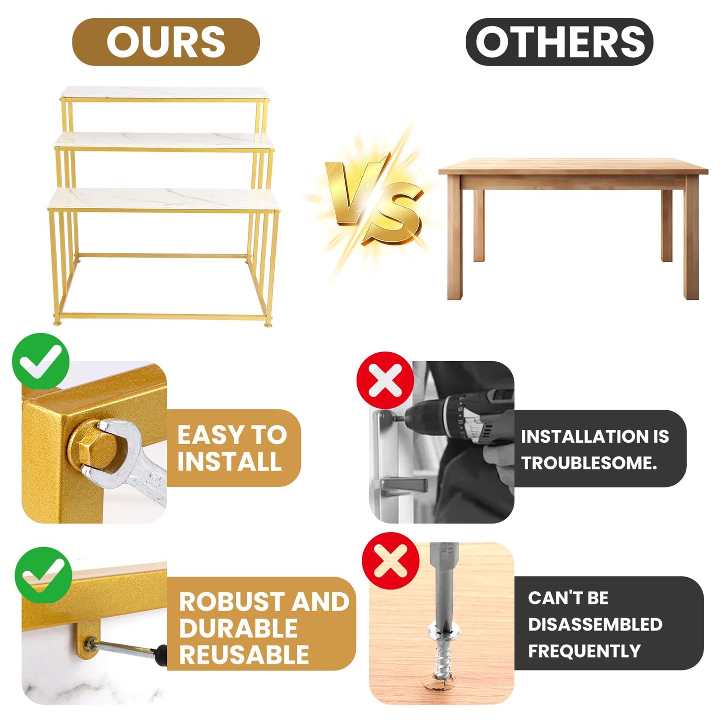 CIVANA 3-Tier Gold Display Table & Shoe Rack - Heavy Duty Store Fixture for Home Entryway, Boutique, Retail Display Shoe & Handbag Display Stand