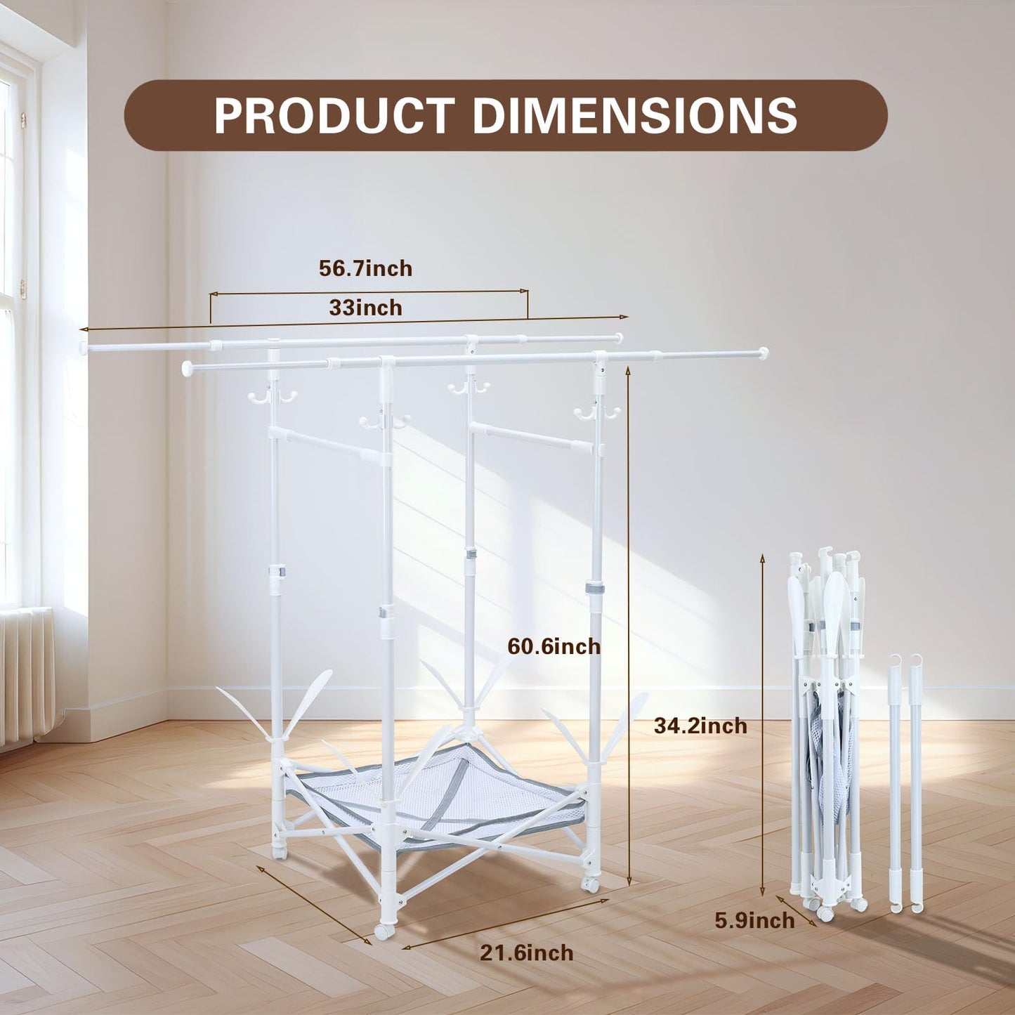 YrsFish Foldable Clothes Drying Rack,Double Rod Extendable 33.1–56.7 Inches,Drying Rack Clothing with Wheels,Sweater Drying Net,Shoes Drying Rack,Hat Hanger