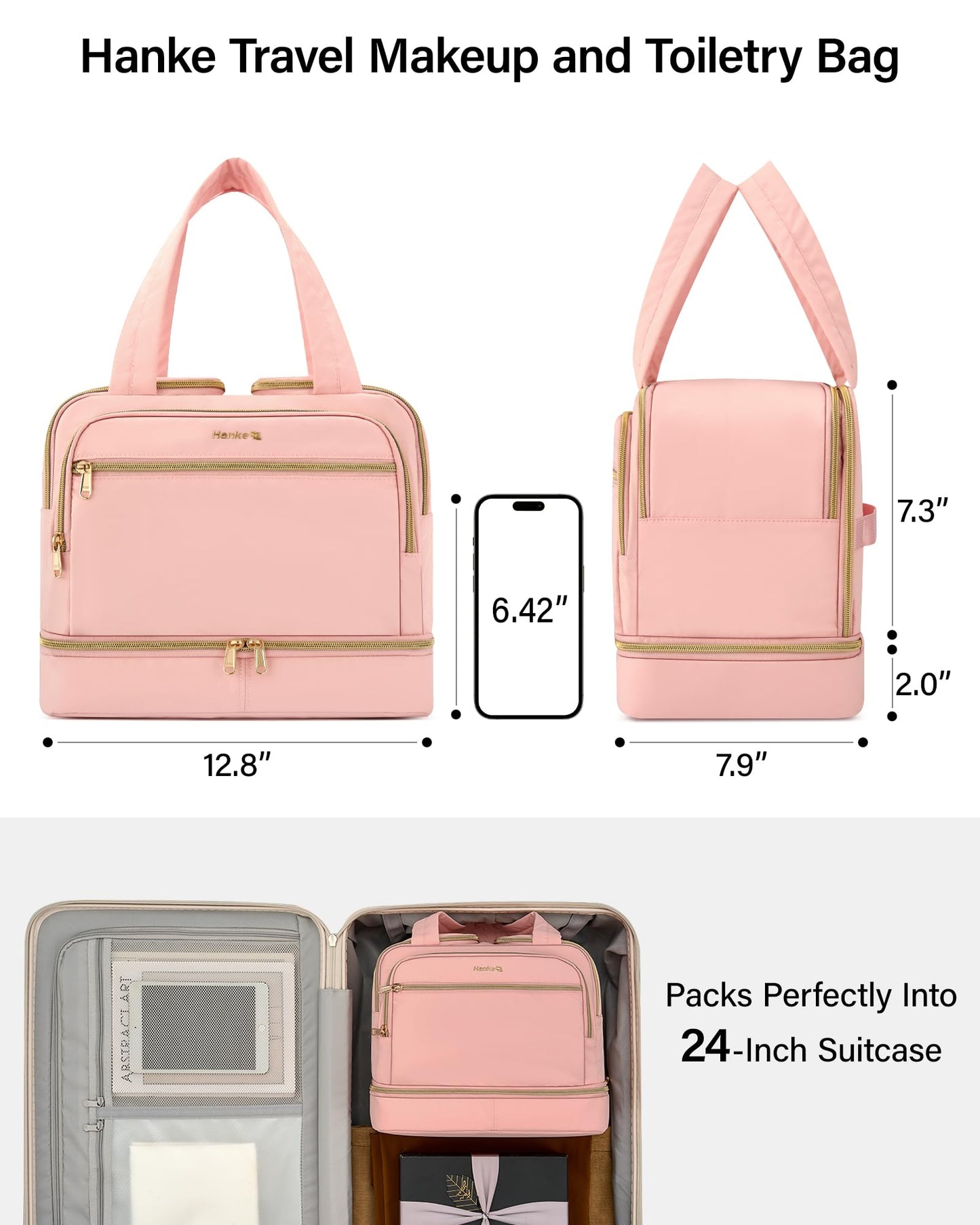 Hanke Travel Toiletry Bag, Lightweight Wide-open Large Toiletry Bags for Women, Dual-Layer Makeup Bag Water-Resistant Cosmetic Travel Bag with Handle for Accessories, Essentials, Pink