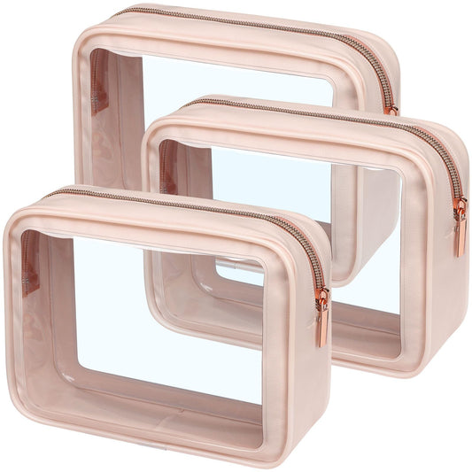 PACKISM Clear Makeup Bag 3 Pack Medium - Foldable TSA Approved Toiletry Bag Quart Size for Travel Bottles, Water Resistant Multipurpose Car Storage Organizer with Reinforced Seams, Pink
