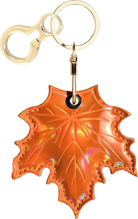 Shiny Leather Charm Keychain Holder Case Compatible with AirTag,Cute Protective Cover with Keyring,Anti-Scratch Finder GPS Tracker Case for Wallet Keys,Bag,Pets(Maple Leaf)