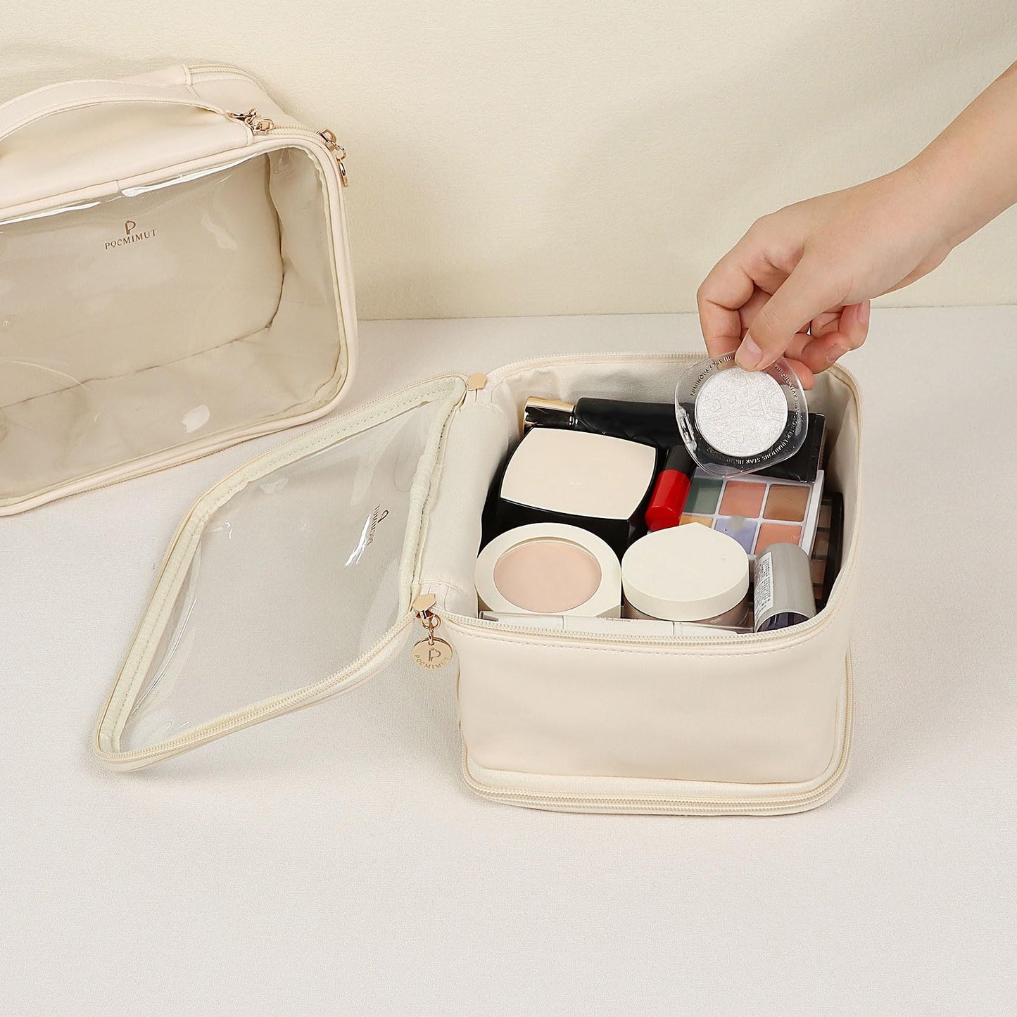 Pocmimut Clear Makeup Bag,Double Layer Large Cosmetic Bag with Makeup Brush Bag,TSA Approved Toiletry Bag Makeup Case Car Accessories Travel Essentials Organizers for Women,Begie