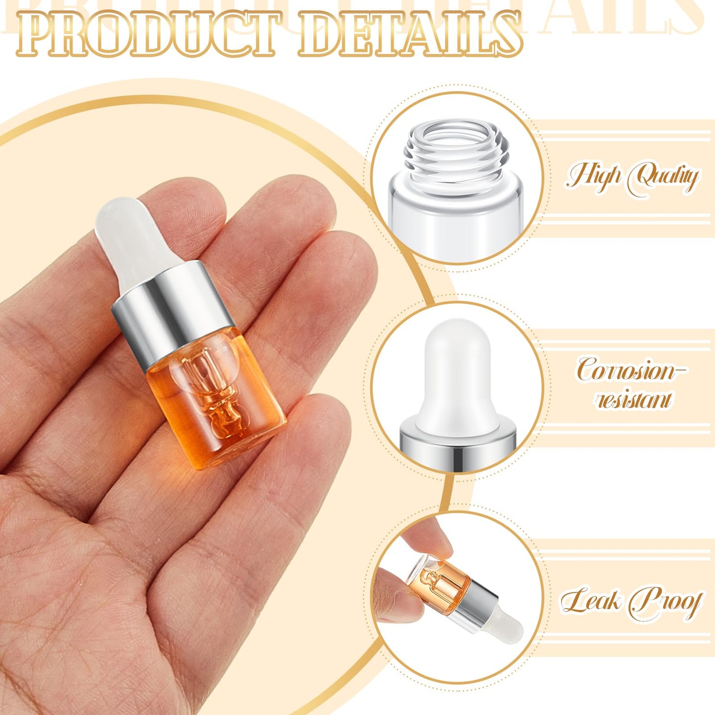 Didaey 100 Pcs 2 ml Mini Glass Oil Dropper Bottle Bulk, Clear Essential Small Empty Bottles Sample Containers Perfume Liquid Vials with Cap for Traveling (Classic Silver)