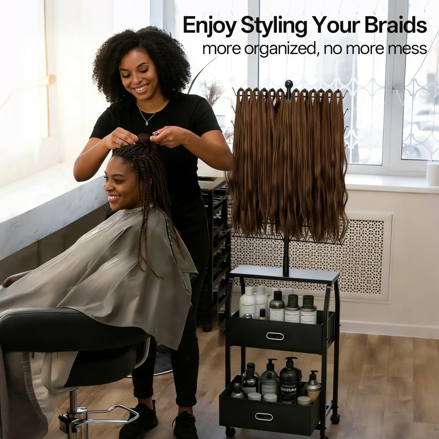XINTUO Portable Braiding Hair Rack with Wheels & Storage Drawers,280 Pegs Hair Extension Holder Hanger for Braiding Hair Separator Stand Display,Hair Rack with Stylist Hair braiding Tools(Black)