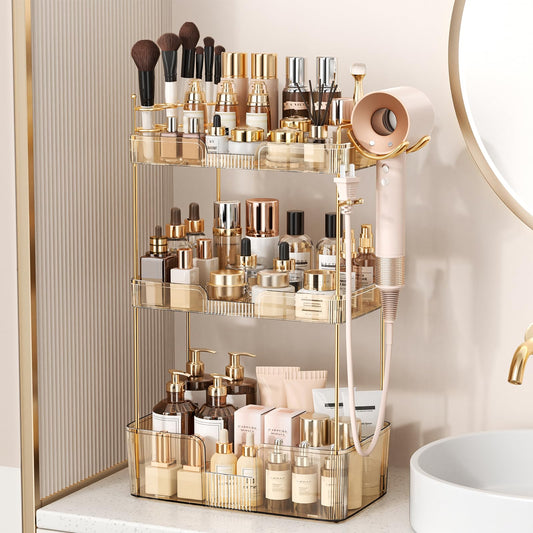 Weidace Bathroom Counter Organizer for Vanity, Makeup Organizer Countertop with Holder, Large Capacity Storage Rack, Perfect Large Skincare, Hair Care, Perfume, Easy to Install (Gold, 3Tiers)