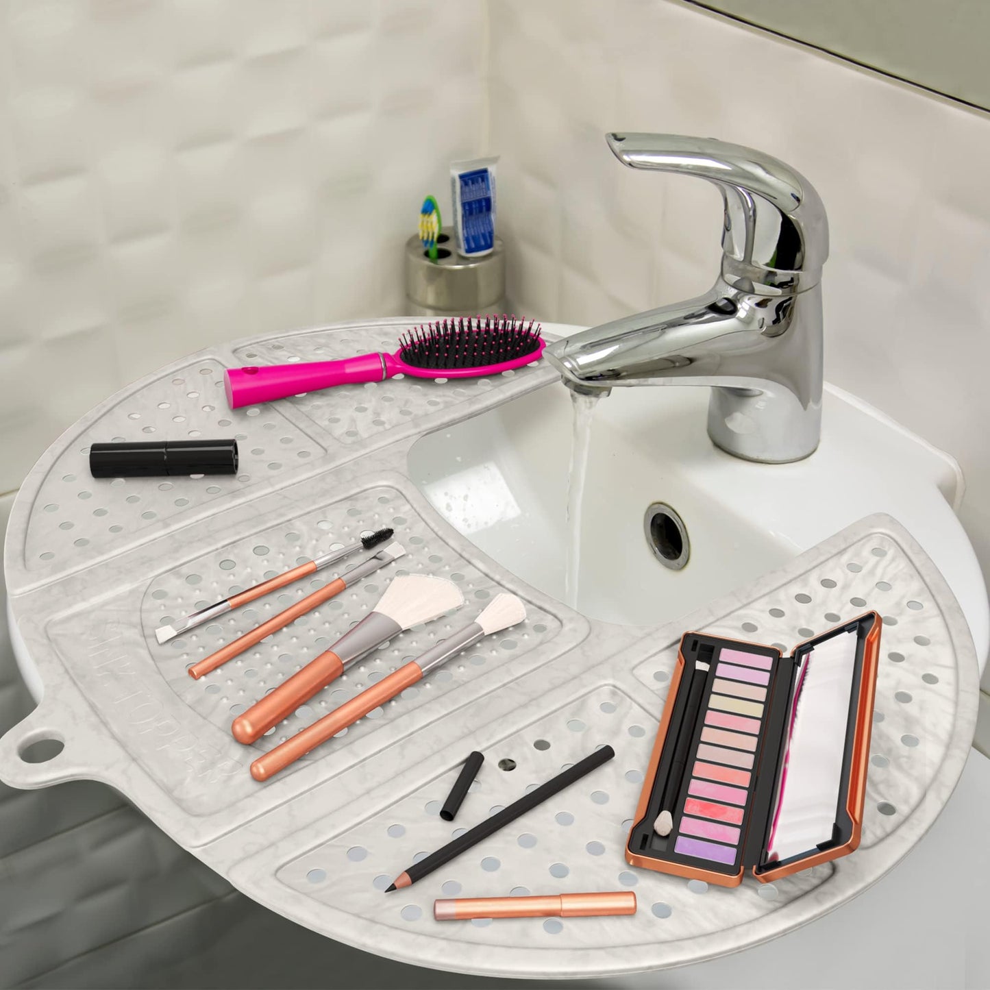 Sink Topper Bathroom Counter Cover & Storage Saver, Foldable Silicone Mat for Hot Tools, Hair Styling & Makeup, Beauty Brush Cleaning Mat, RV Camper Sink Cover & for Small Spaces (Standard Pearl)