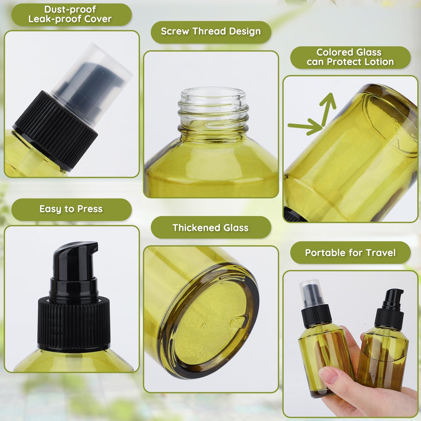 Segbeauty 6pcs 2oz Glass Travel Lotion Container Refillable, Small Travel Containers for Creams, 60ml Mini Empty Lotion Bottles with Pump Dispenser, Cosmetic Skincare Containers Sample Cream Bottle