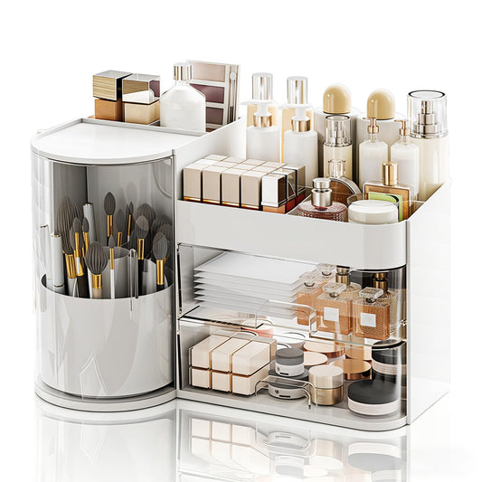 TIMBERHIDE Makeup Organizer,Rotating Cosmetic Storage Organizer with Drawers,Large Capacity Makeup Brush Holder,Skincare Vanity Organizer for Bathroom Countertop, White